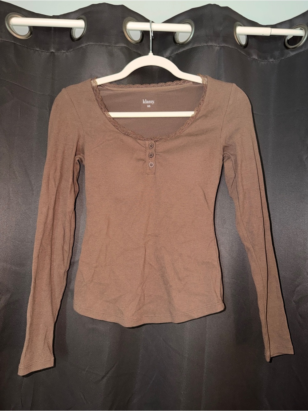 Klassy Network Brown Long-Sleeve Scoop Neck Tee with Button Detail
